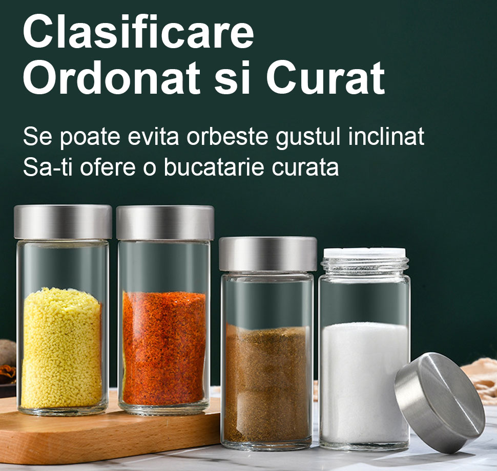 Set 12 Borcane de sticla pentru condimente, AT PERFORMANCE®, cu etichete, palnie, perie de curatare, marker - Rasnite si dozatoare condimente - atMag.ro