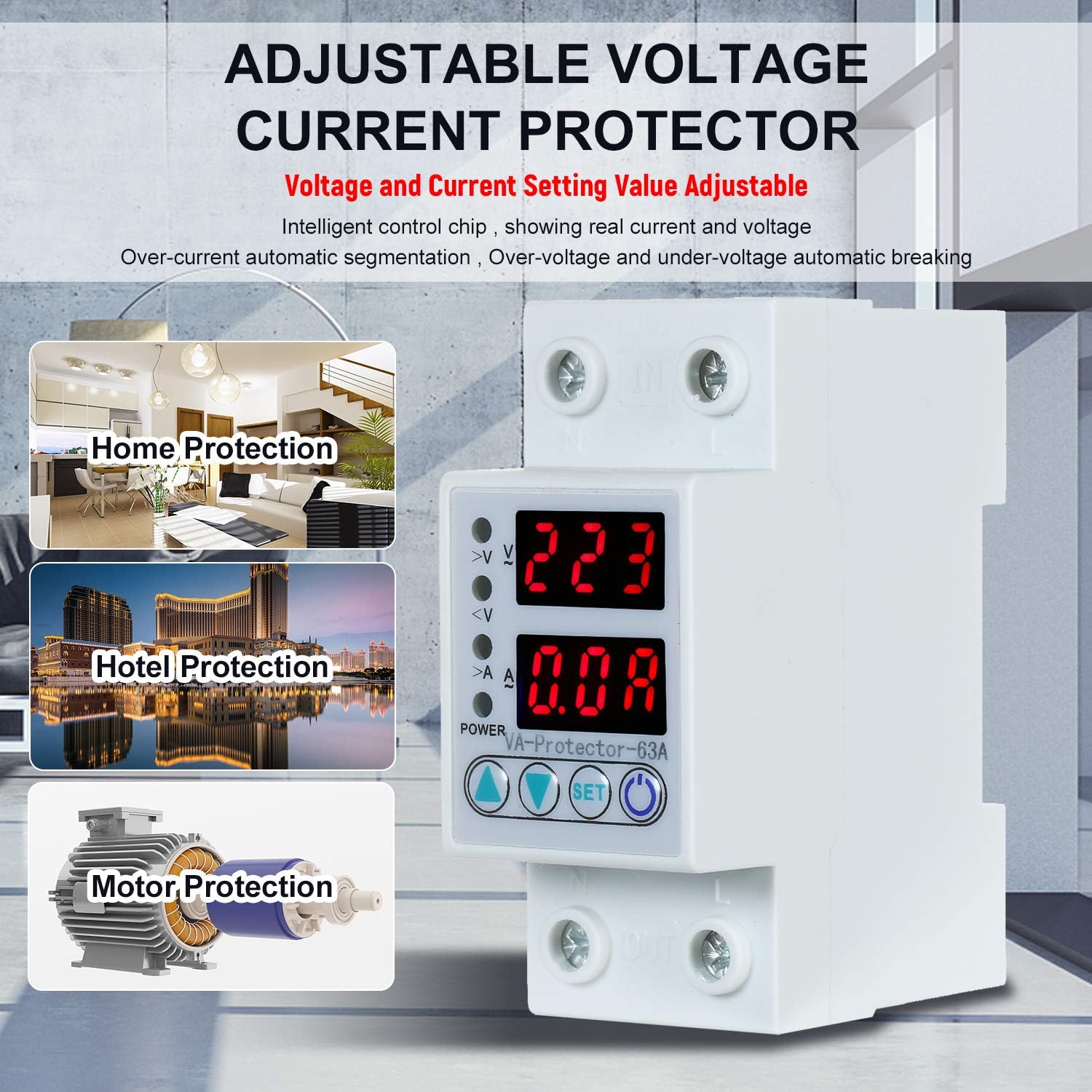 Releu monofazic si contor de energie, JENUOS®, 63A, reglabil, digital, protectie supratensiune si suprasarcina, Alb 1 711FUUsp5CL. AC SL1500