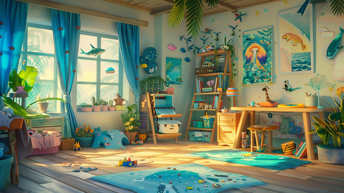 Ocean style children's room, colorful, warm and comfortable, full of children's fun and creativity.