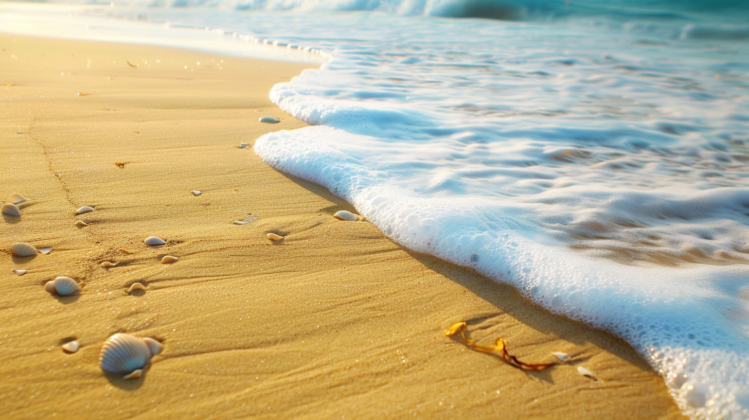Waves lapping on the beach, shells dotting the beach, the sun pouring down, the scenery is peaceful and beautiful.