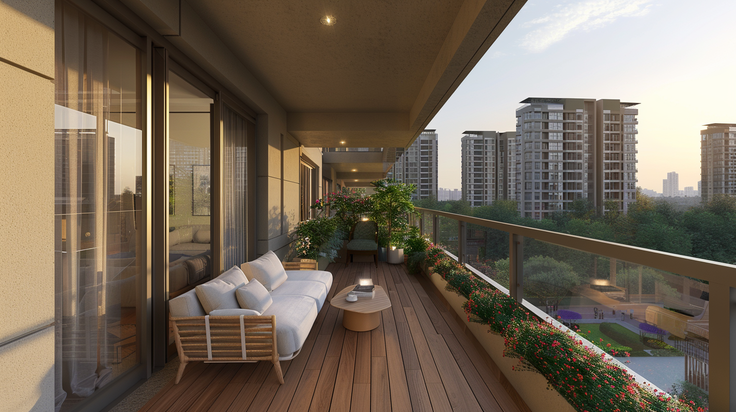 The balcony is full of green, the tall building sets off a quiet, comfortable space panoramic view.