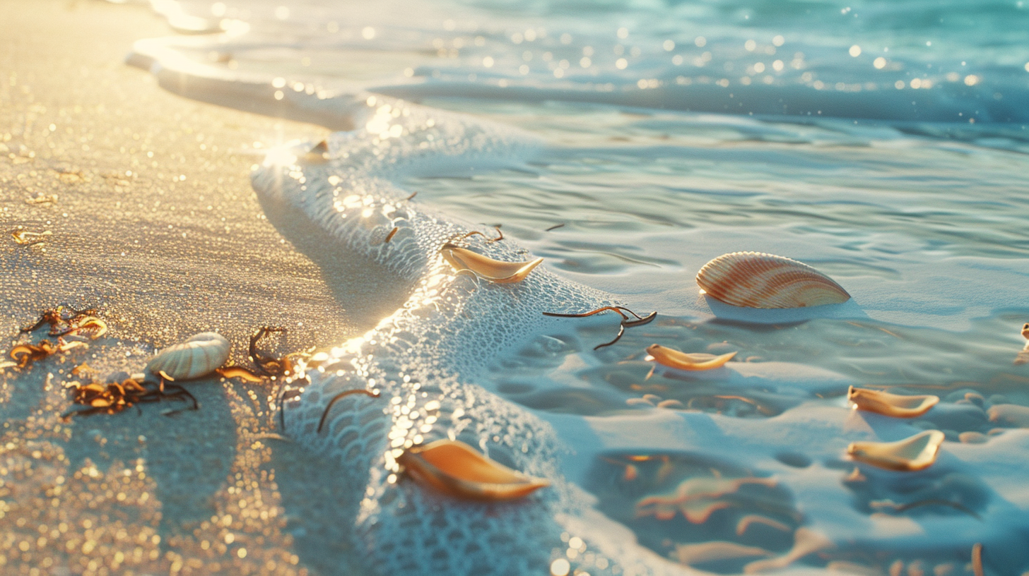 The sea is sparkling, the beach is dotted with shells, quiet and beautiful.