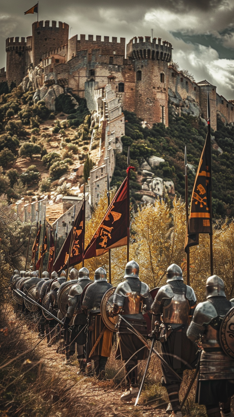 The soldiers gathered in the castle and raised their flags in the air.