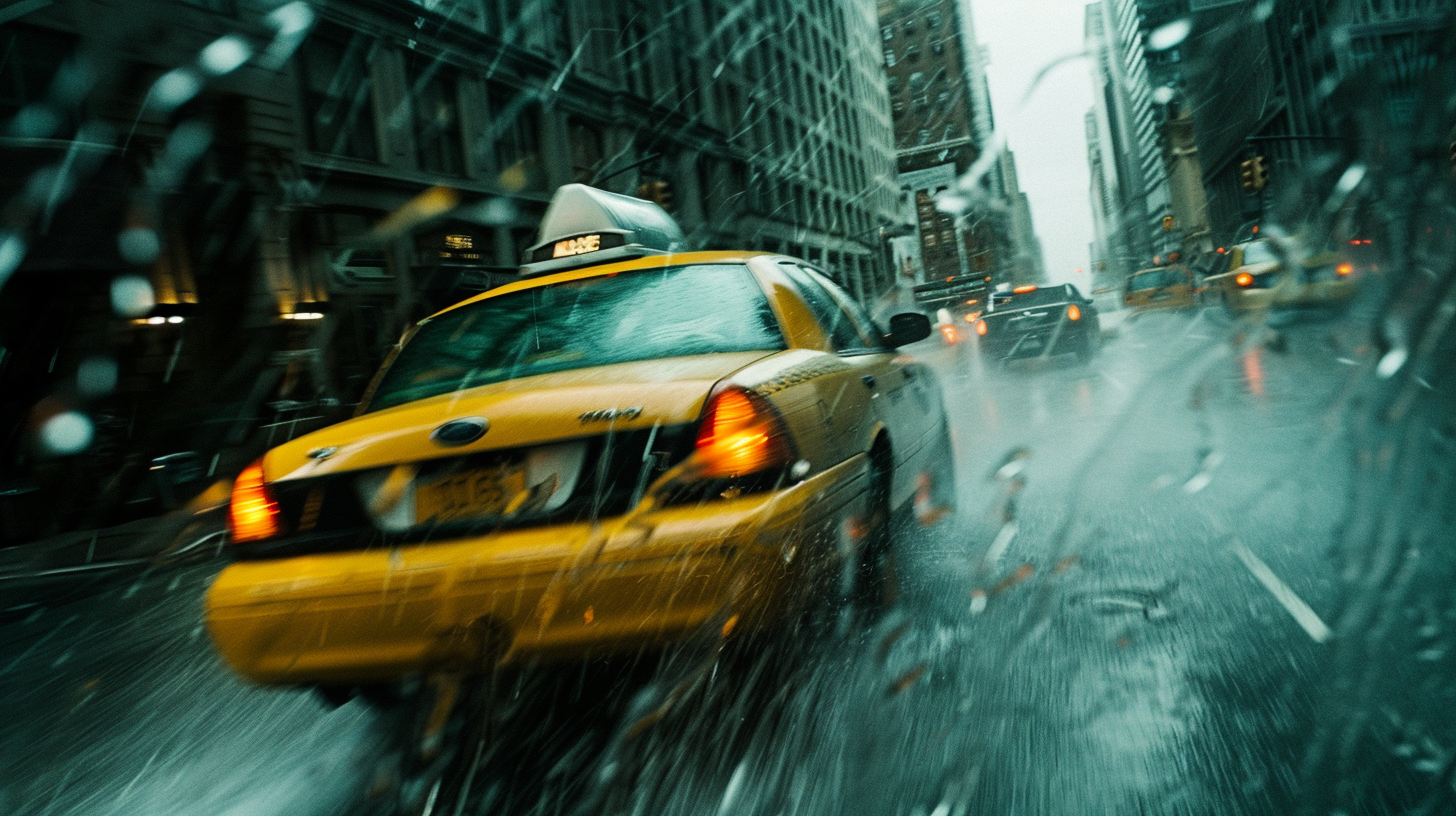 It's raining in New York, yellow cars are up, foggy lights and flashing lights.