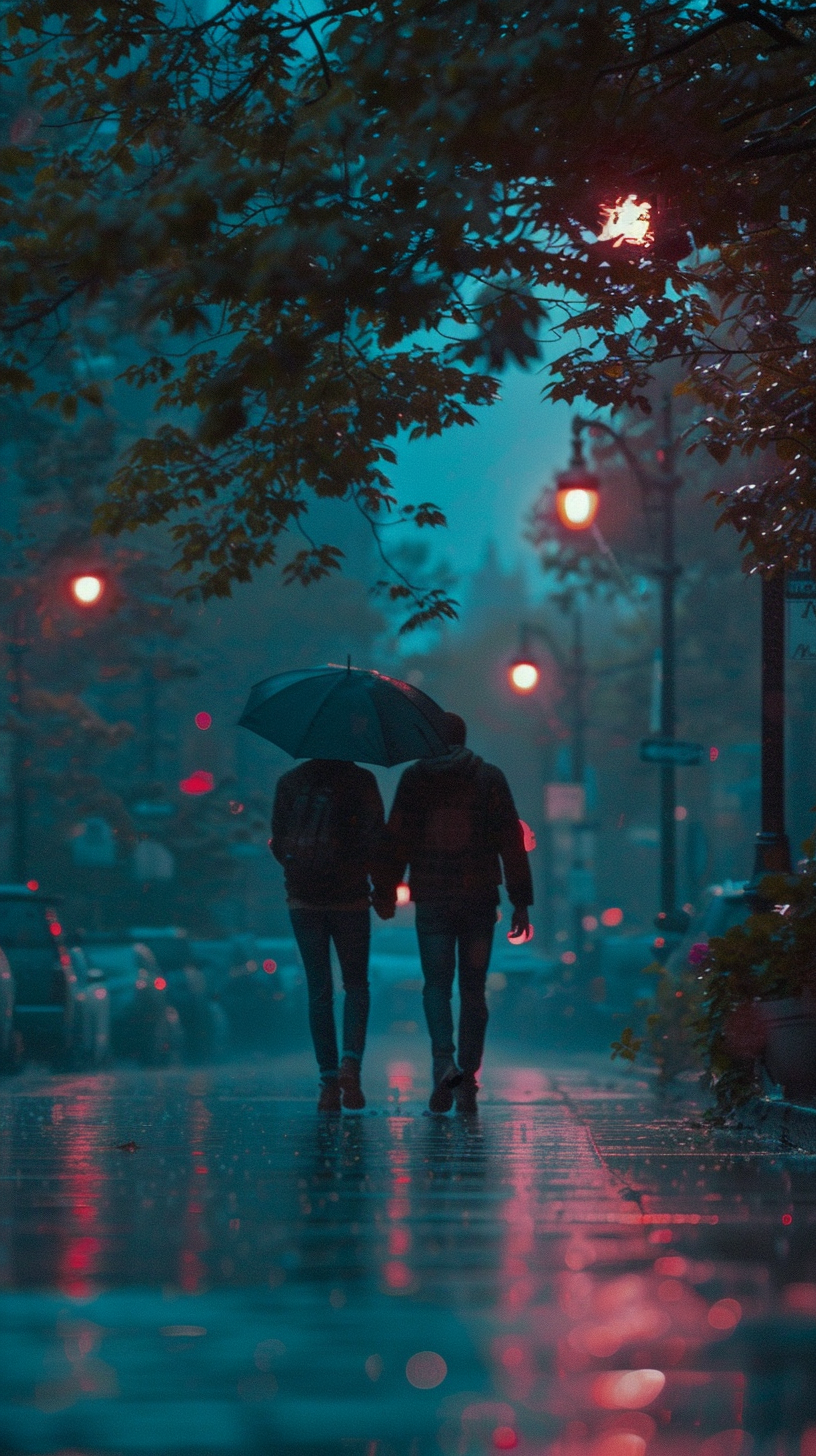 Umbrellas flutter in the rain, mysterious lights and a romantic atmosphere cover the streets.