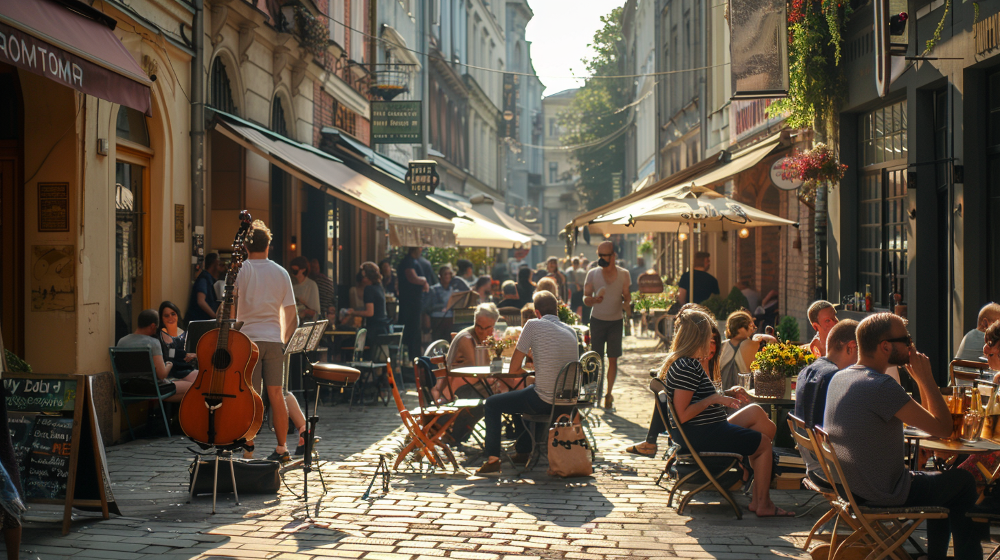 In the streets of the city, men play music and have fun in the sun every day.