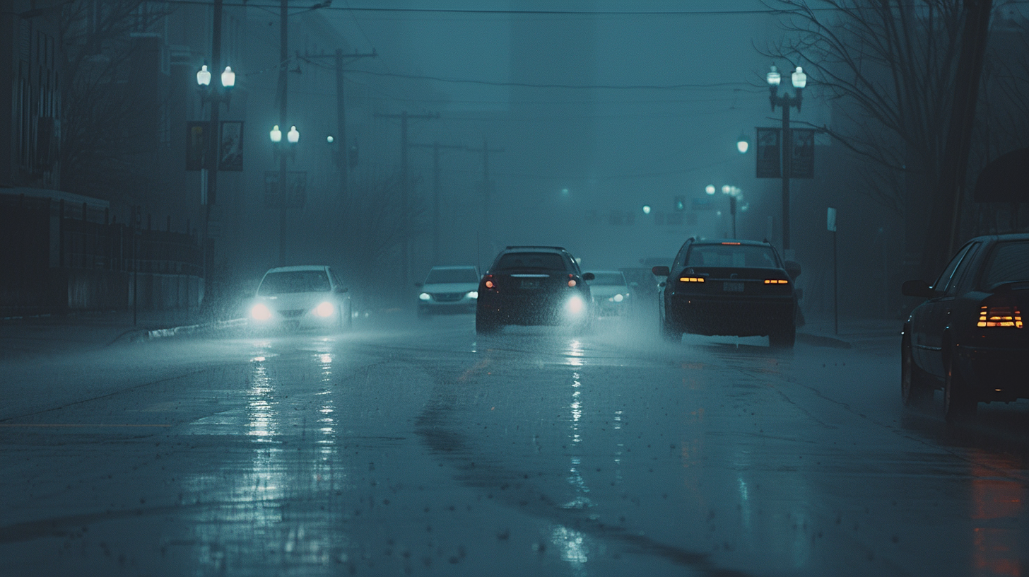 At midnight, the streets were slippery and the headlights dimmed.