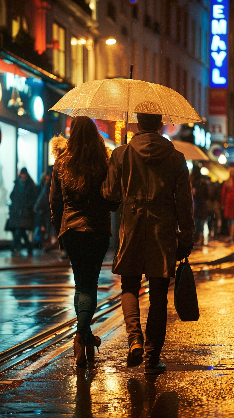 The couple went out at night, carrying a yellow umbrella out in the rain.