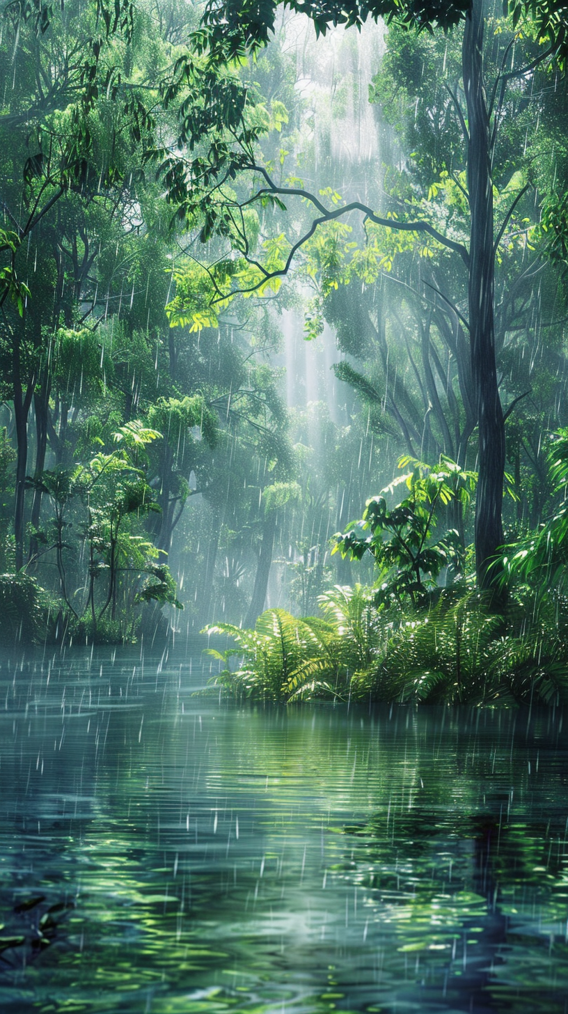 In the rain of the emerald forest, the river pours down like a dream.