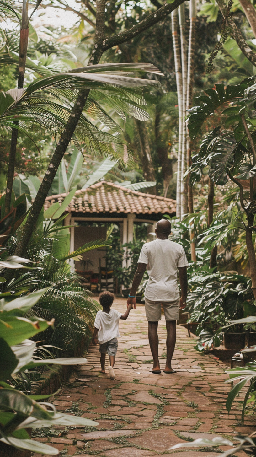 The cabin at the back is quiet and secluded, surrounded by tropical plants.