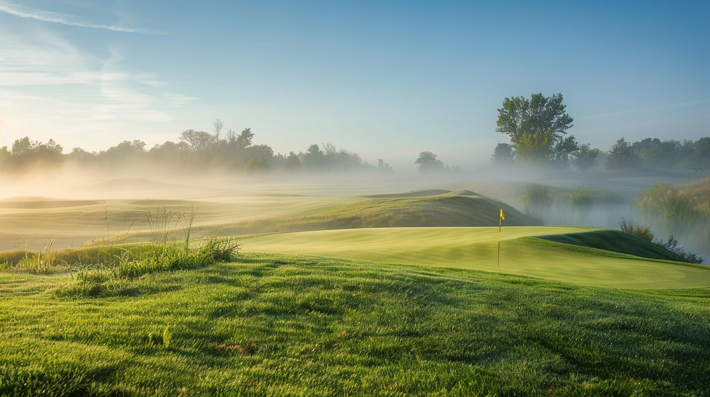 In the morning, the golf course was shrouded in fog.