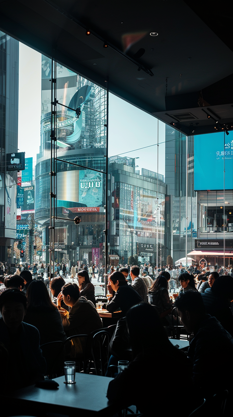 Indoor cafes, cars on the side of the road, advertisements for high-rise buildings.