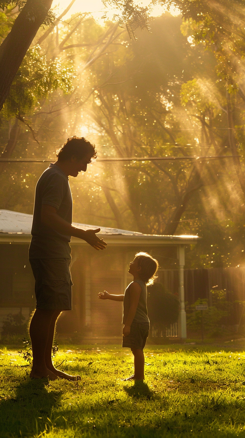 Father and son interact with the sunlit grass and everyone lives in peace and harmony.