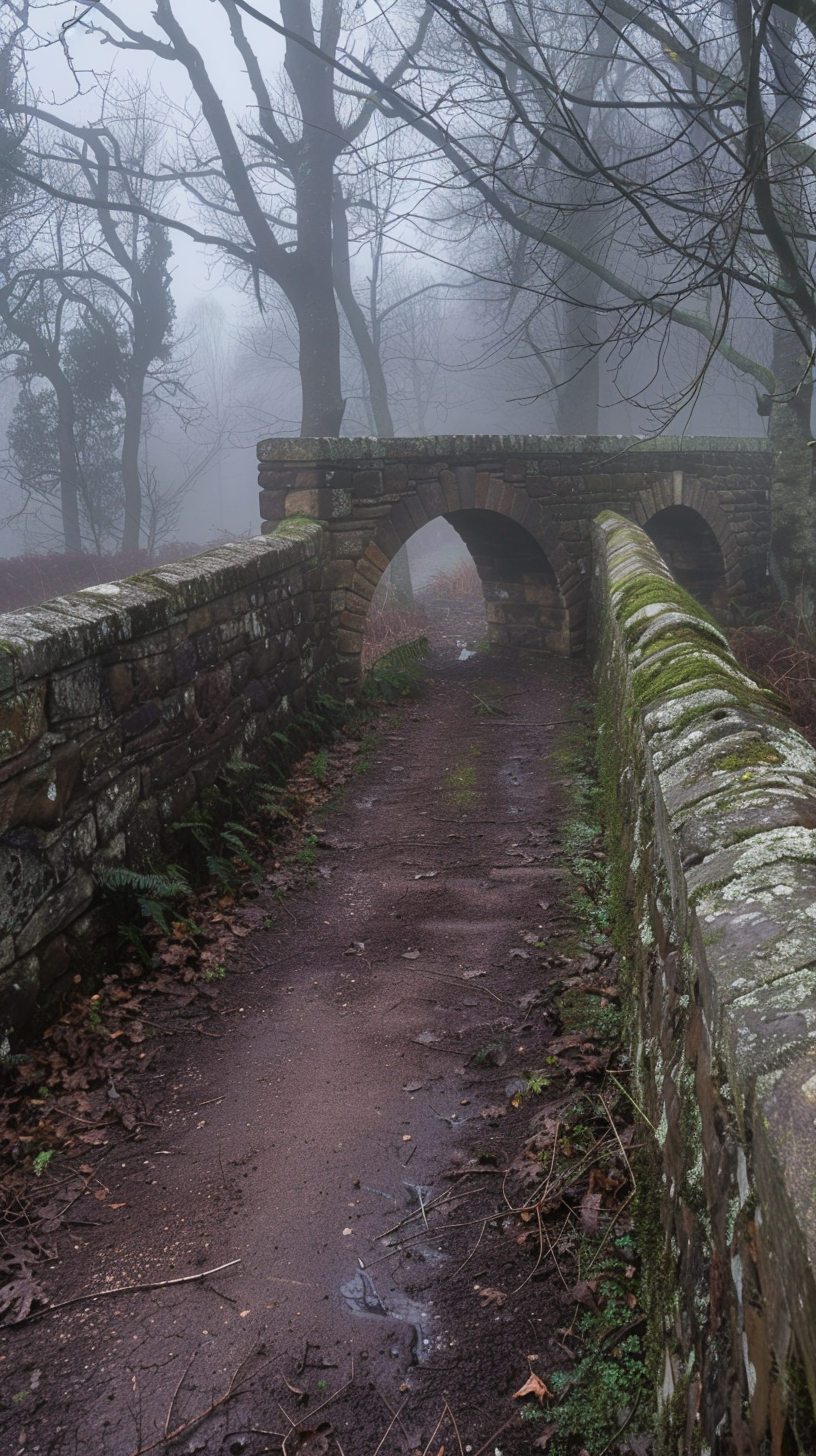 Mist shrouds ancient Bridges, stone Bridges, transparent trees,