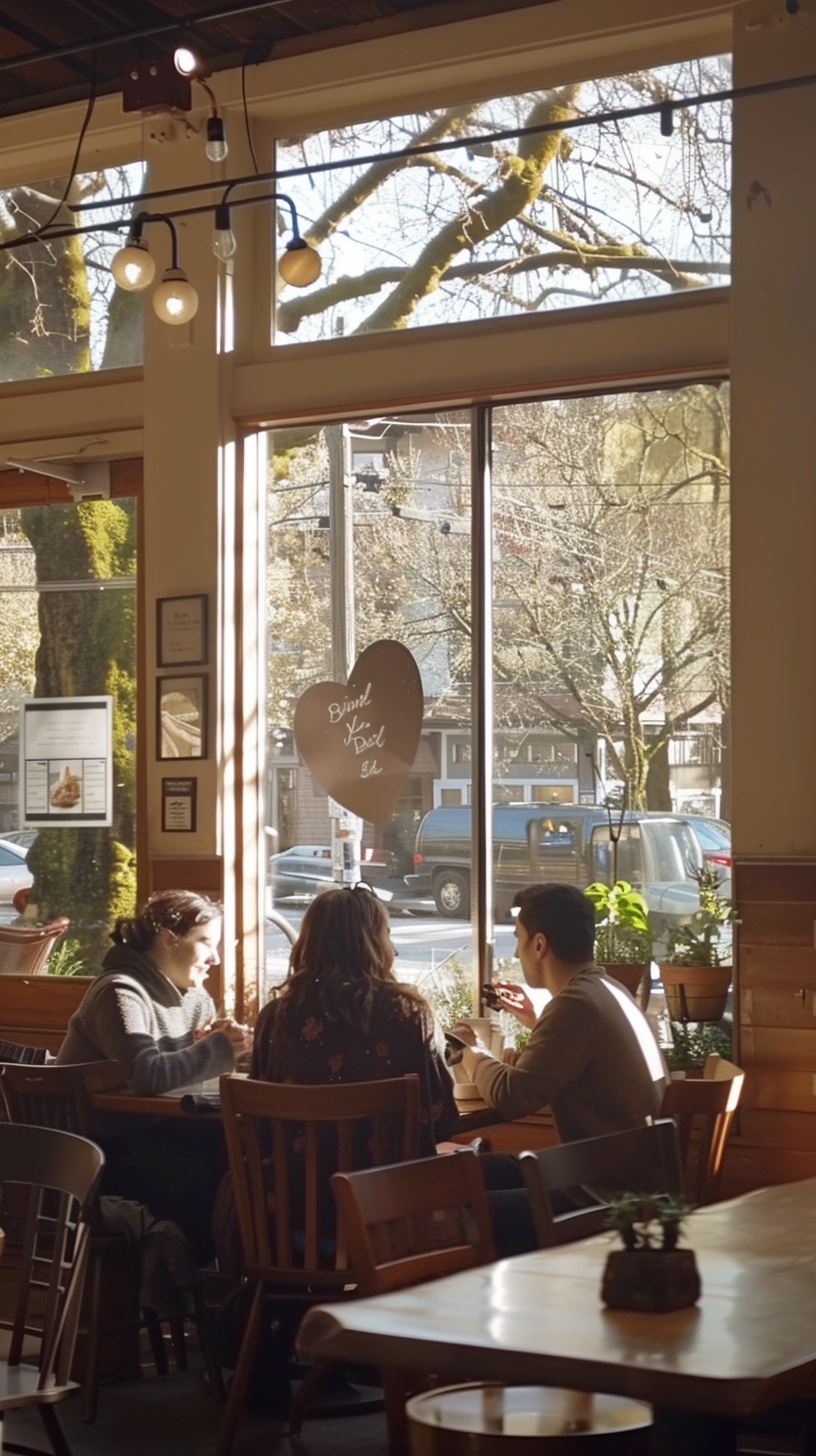 Three people were talking in the cafeteria, and there was a green tree behind the window.