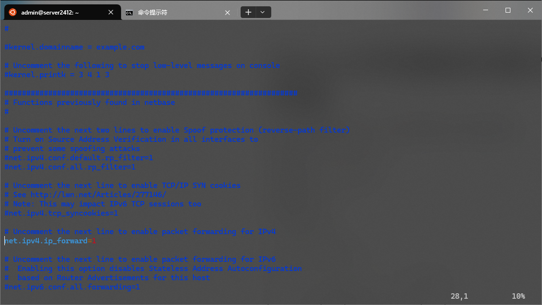 图例：已经删除了“net.ipv4.ip_forward=1”前的#注释让这条配置生效