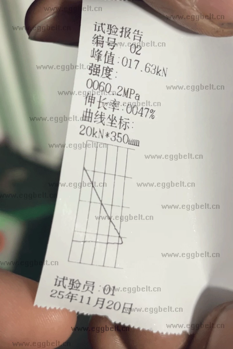 Official tensile strength test report showing results for 110mm YXQ-EGB PP egg belt